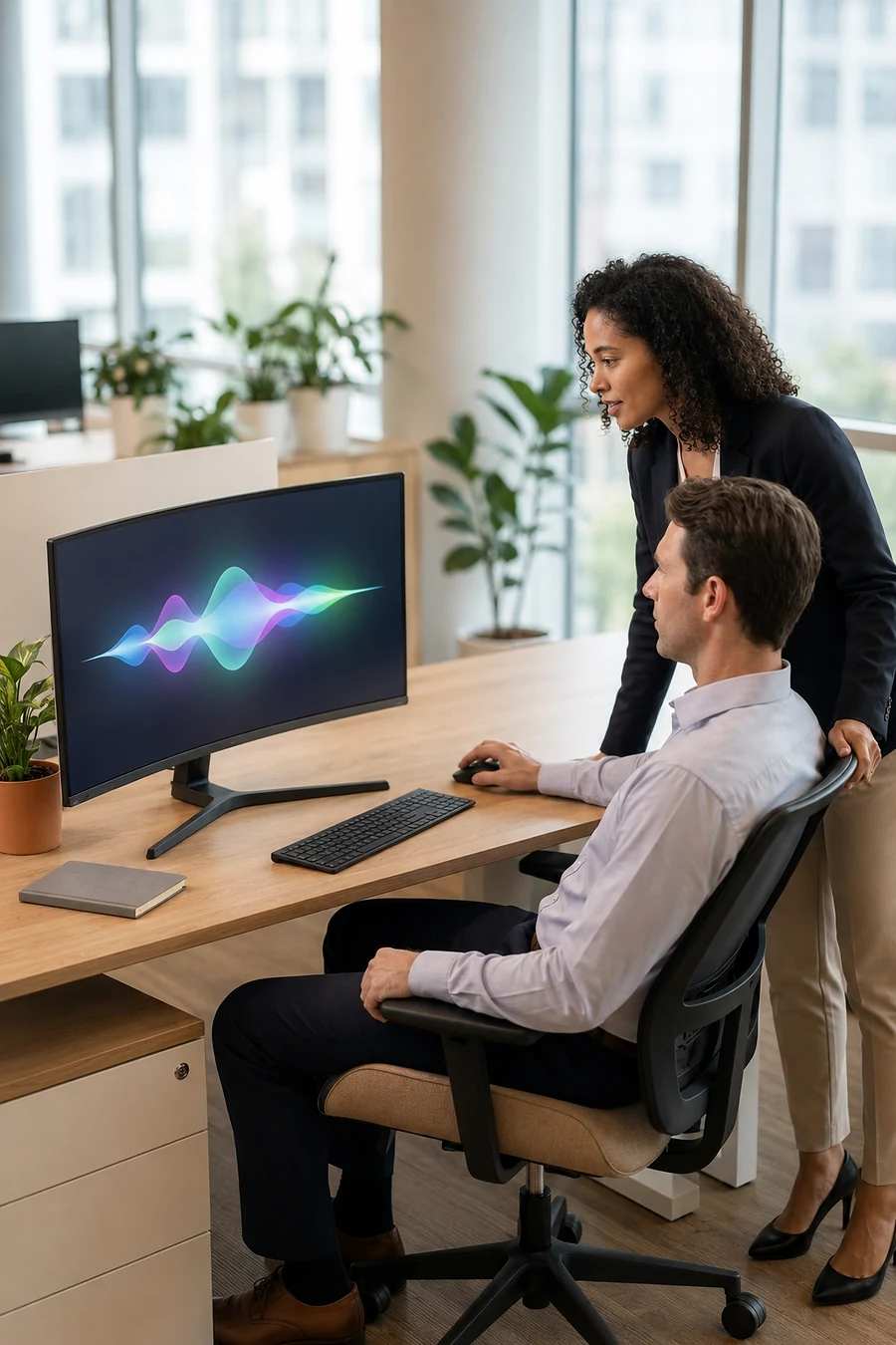 Twee collega's bespreken samen AI-output op een scherm